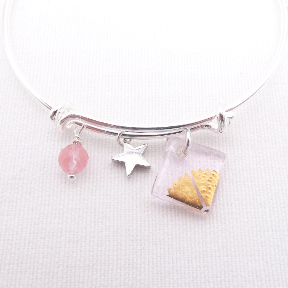 Translucent Pink sun Glass Tile On a Silver Plated Bangle