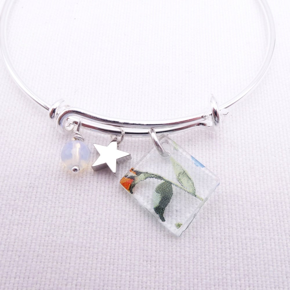Clear Watercolour Floral Glass Tile On a Silver Plated Bangle #3