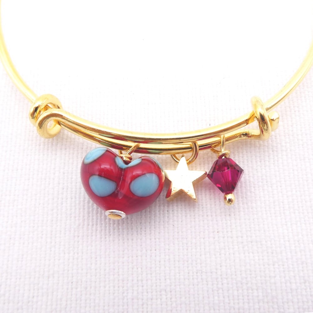 Red and Turquoise glass Heart On a 14K Gold Plated Bangle