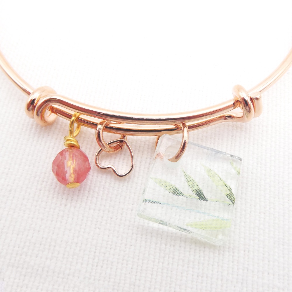 Clear floral Glass Tile On a Rose Gold Plated Bangle