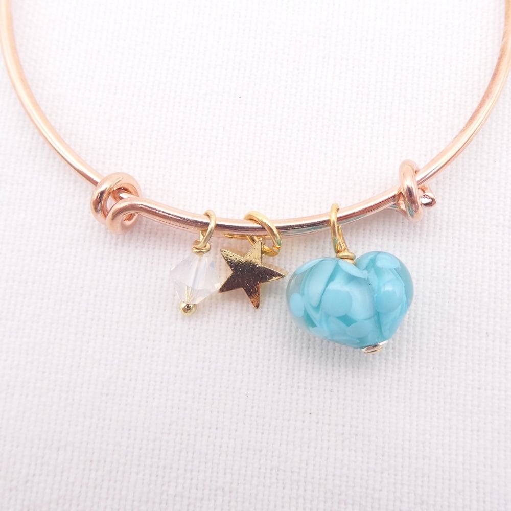 Turquoise glass Heart On a rose gold Plated Bangle