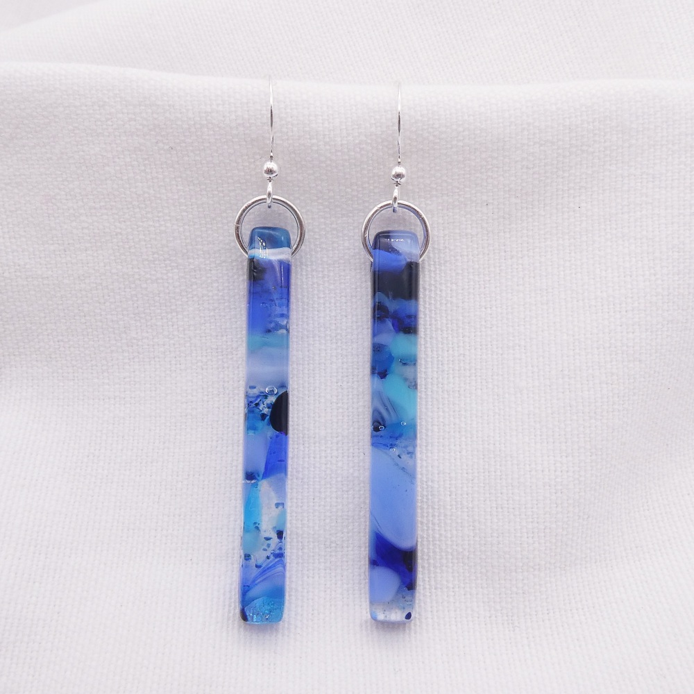 Blue glass pillar earrings on silver #3