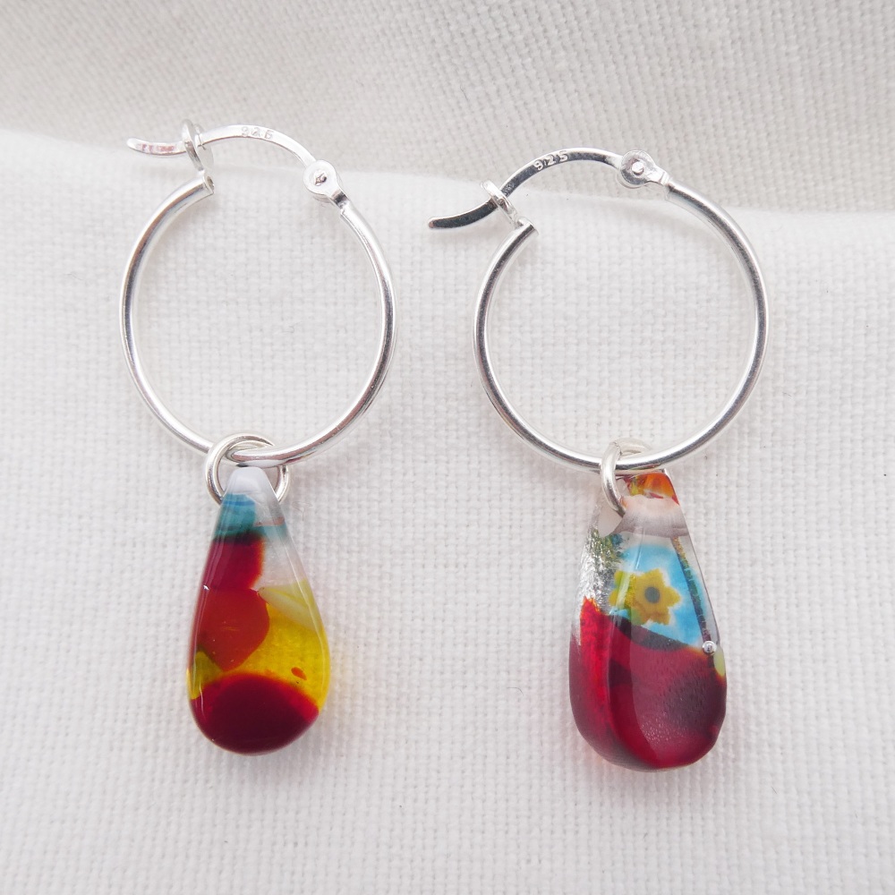 Glass Raindrop earrings on sterling silver hoops #1