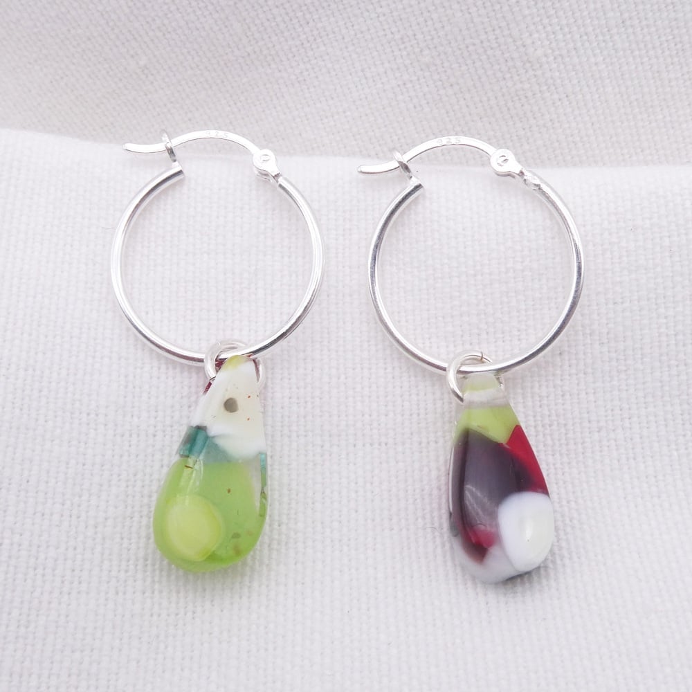 Glass Raindrop earrings on sterling silver hoops #3