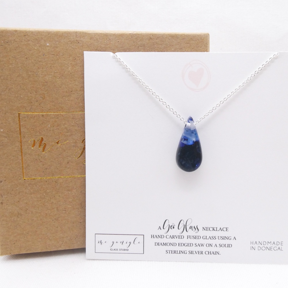 Small Blue geo Raindrop pendant on silver