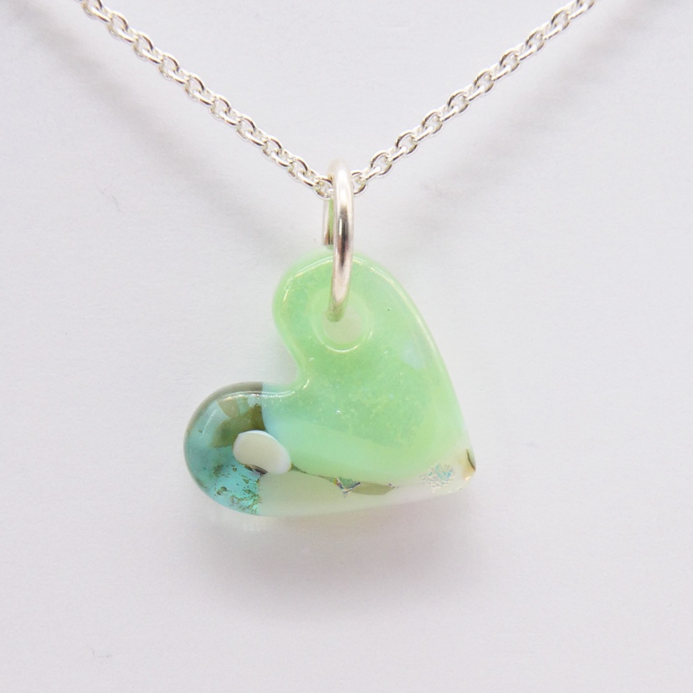 Mint Green glass heart on silver