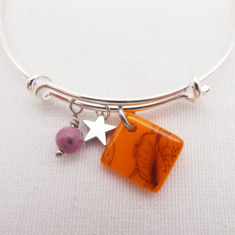 Orange Floral Glass Tile On a Silver Plated Bangle