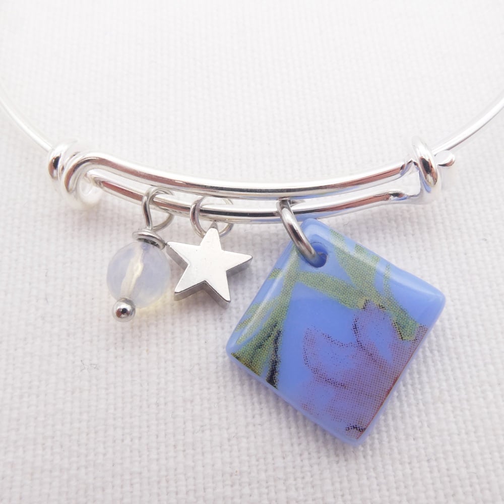 Blue Floral Glass Tile On a Silver Plated Bangle