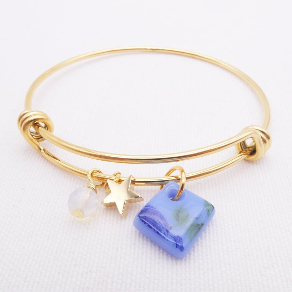 Blue Rose Glass Tile On a 14K Gold Plated Bangle