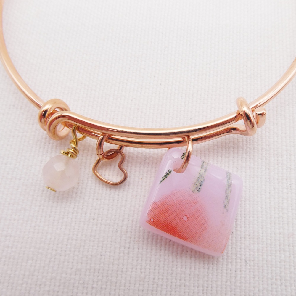 Pink Floral Glass Tile On a Rose Gold Plated Bangle