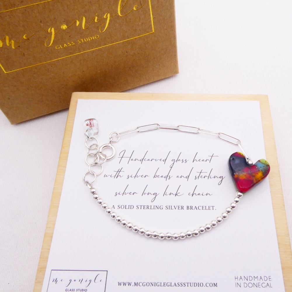 Handcarved glass heart on Silver Long link bracelet #2