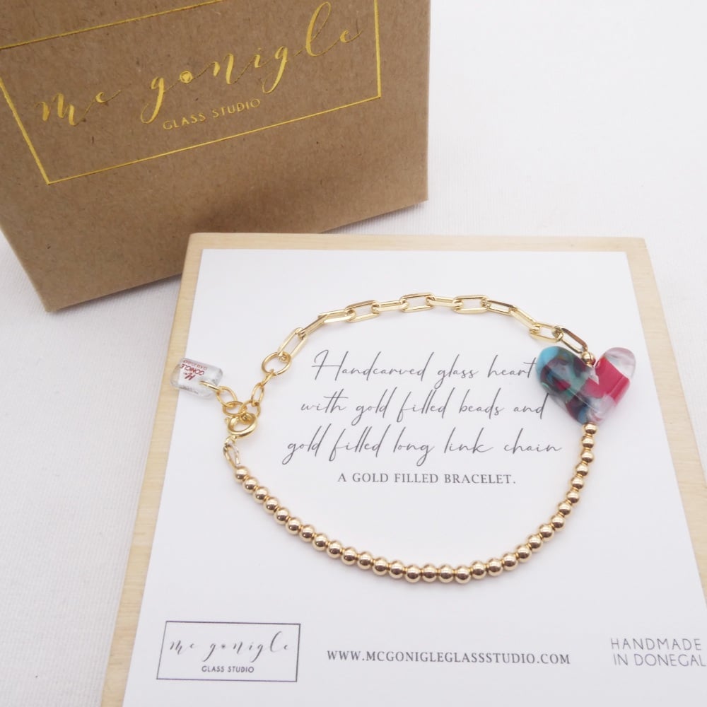 Handcarved glass heart on a Gold filled Long link bracelet with #1