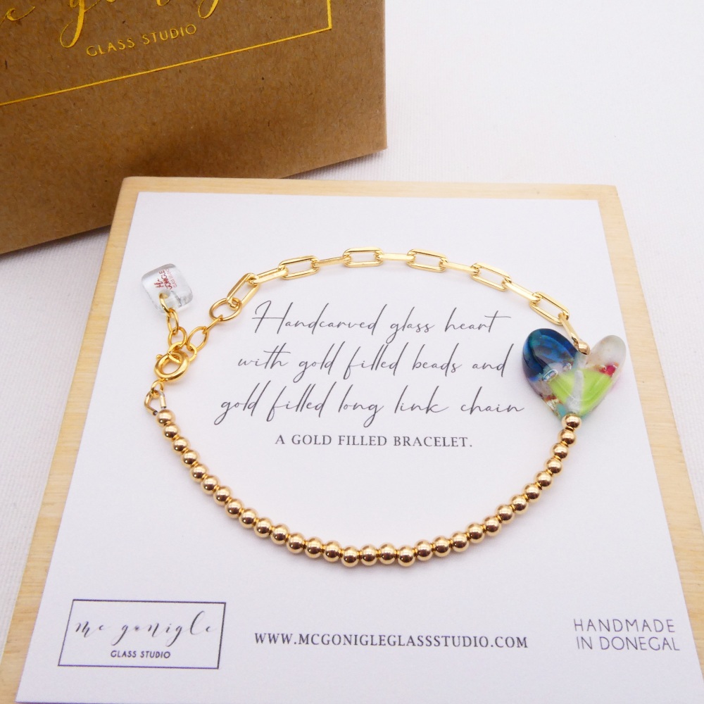 Handcarved glass heart on a Gold filled Long link bracelet with #2