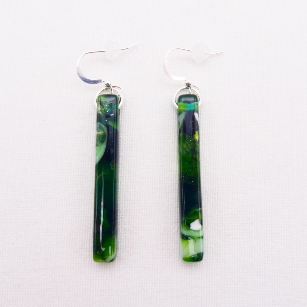 Green glass pillar earrings on silver #1