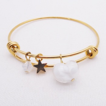 White glass Heart On a 14K Gold Plated Bangle