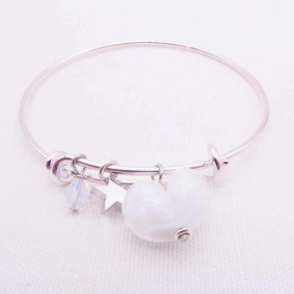 White glass Heart On a silver Plated Bangle