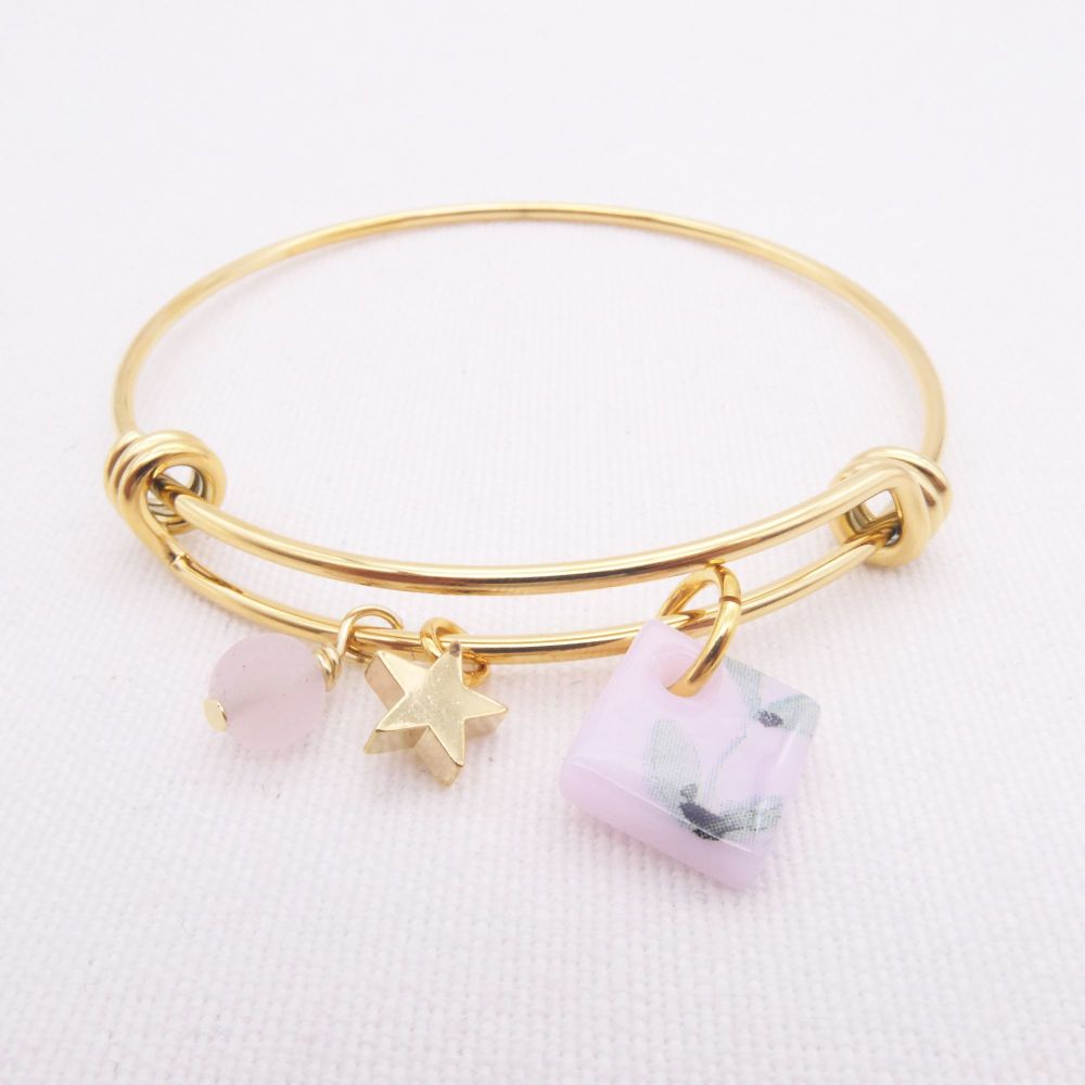 Pink Glass Tile On a 14K Gold Plated Bangle