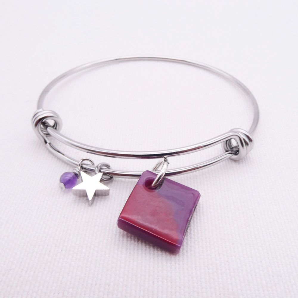 Plum Floral Glass Tile On a Silver Plated Bangle