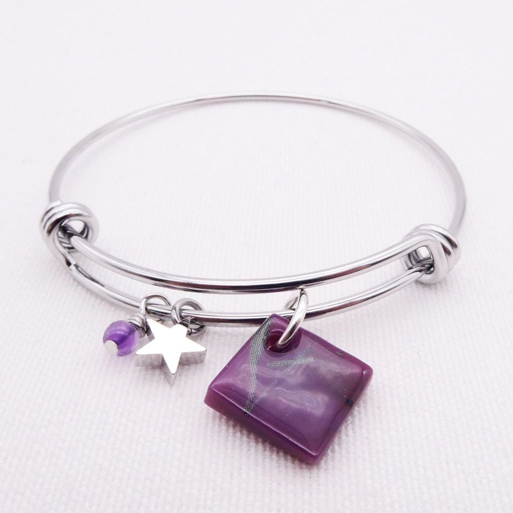 Plum Leaf Glass Tile On a Silver Plated Bangle