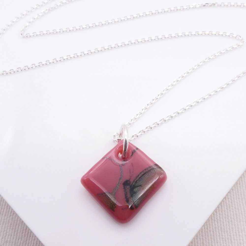 Dusty Rose butterfly Glass Tile Necklace