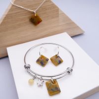Mustard glass tile hoop earrings