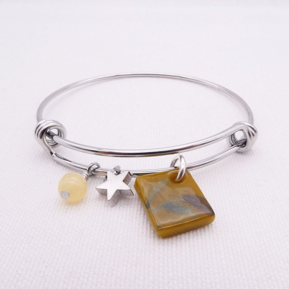Mustard Floral Glass Tile  On a Silver Plated Bangle