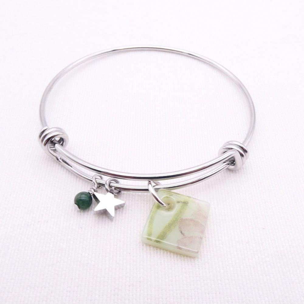 Mint Floral Glass Tile On a Silver Plated Bangle #1