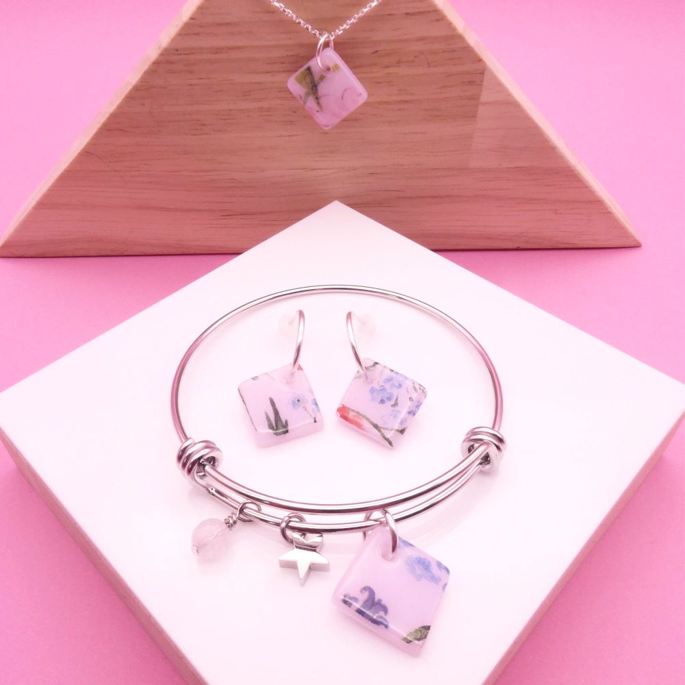 Pink glass tile hoop earrings- Medium Silver