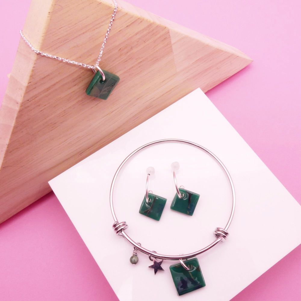 Green glass tile hoop earrings- Medium Silver