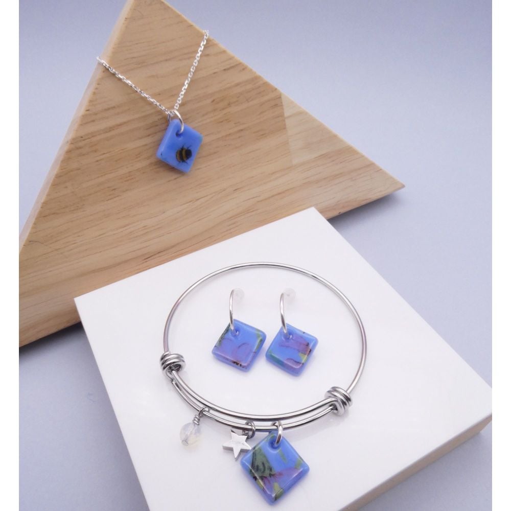 Blue glass tile hoop earrings