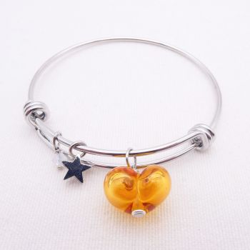 NEW Amber glass Heart On a silver Plated Bangle