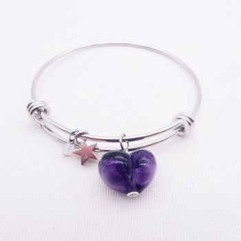 Plum glass Heart On a silver Plated Bangle