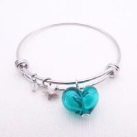 Sea Green glass Heart On a silver Plated Bangle