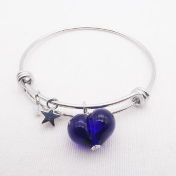 NEW Midnight Blue glass Heart On a silver Plated Bangle