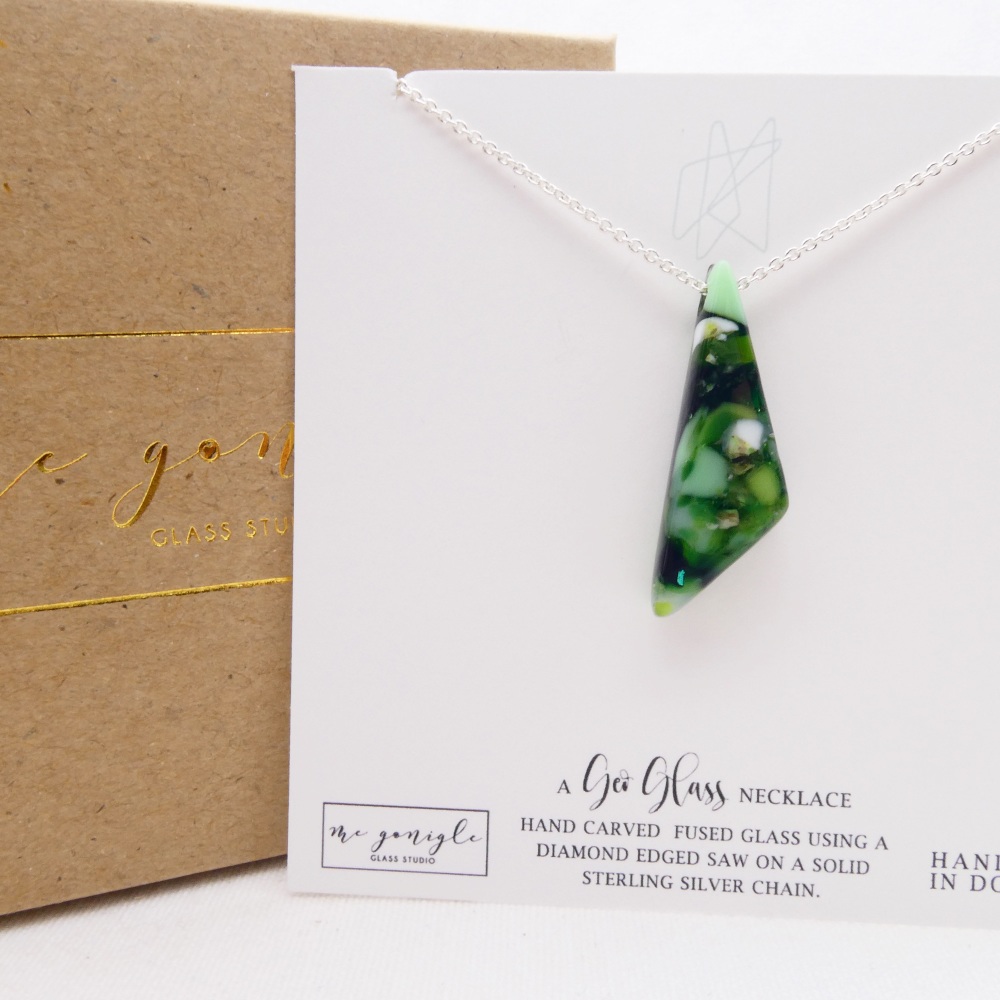 Green Glass Geo necklace on silver