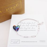Handcarved glass heart on Silver Long link bracelet #2