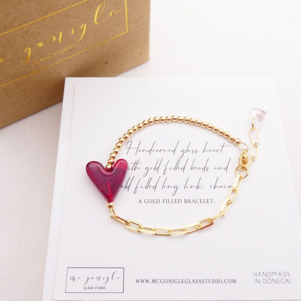 Handcarved Deep Red glass heart on a Gold filled Long link bracelet 