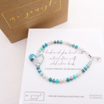 Multicoloured natural stone bracelet on silver with a pastel glass heart
