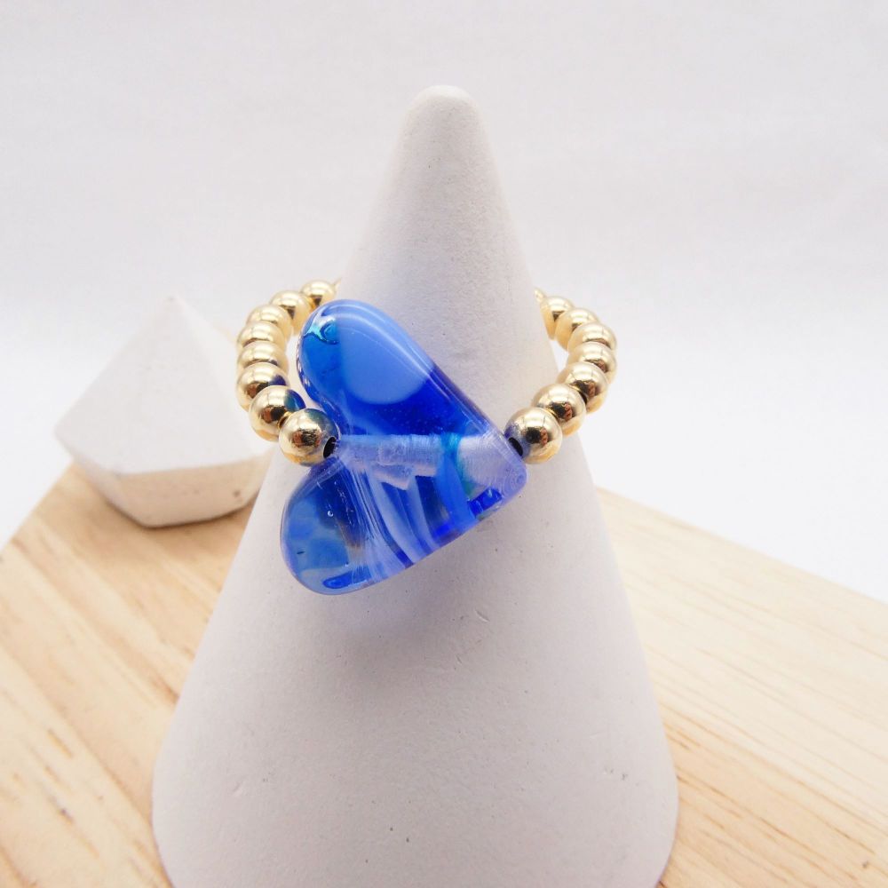 Simply Gold Ring with Blue Glass Heart 