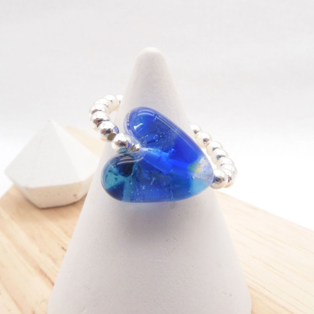 Simply Silver Ring with Blue Glass Heart 