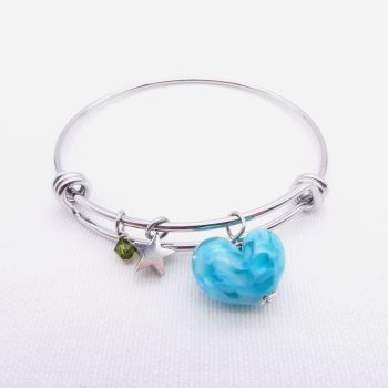 Turquoise  glass Heart On a silver Plated Bangle 