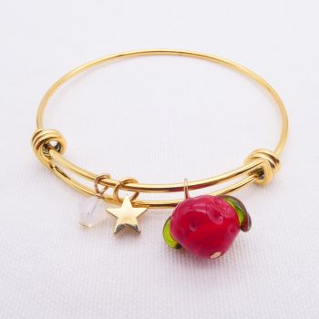 Strawberry glass bead On a 14K Gold Plated Bangle 