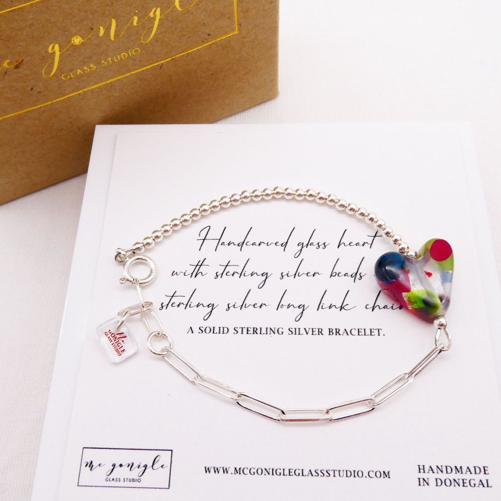 Handcarved glass heart on Silver Long link bracelet #3