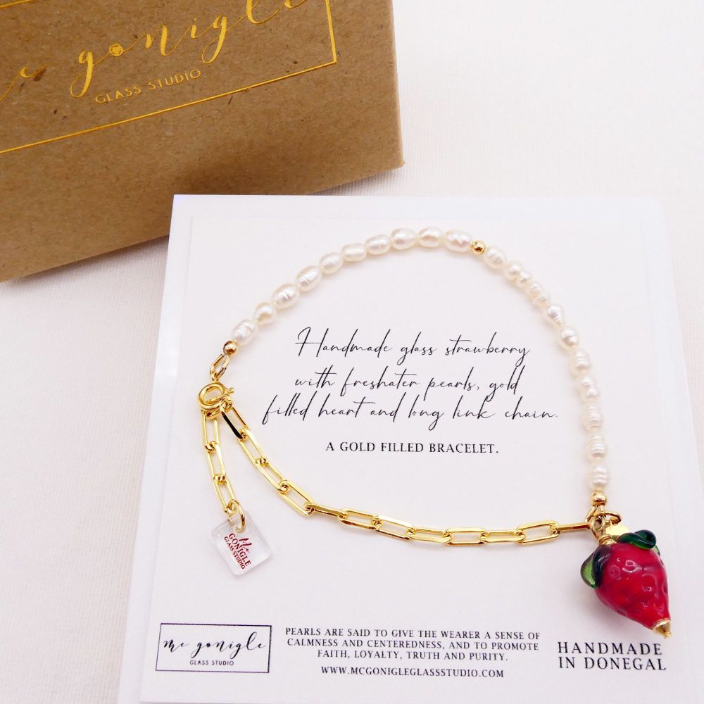 Handmade glass strawberry on a Gold filled Long link bracelet with pearls