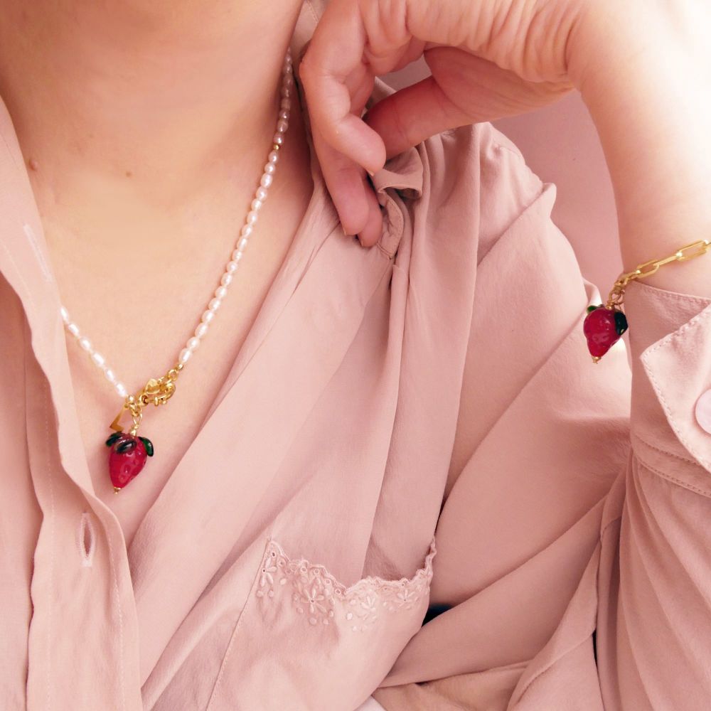 Glass Strawberry and pearl Necklace