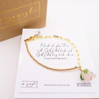 Handmade blushing glass rose on a Gold filled Long link bracelet 