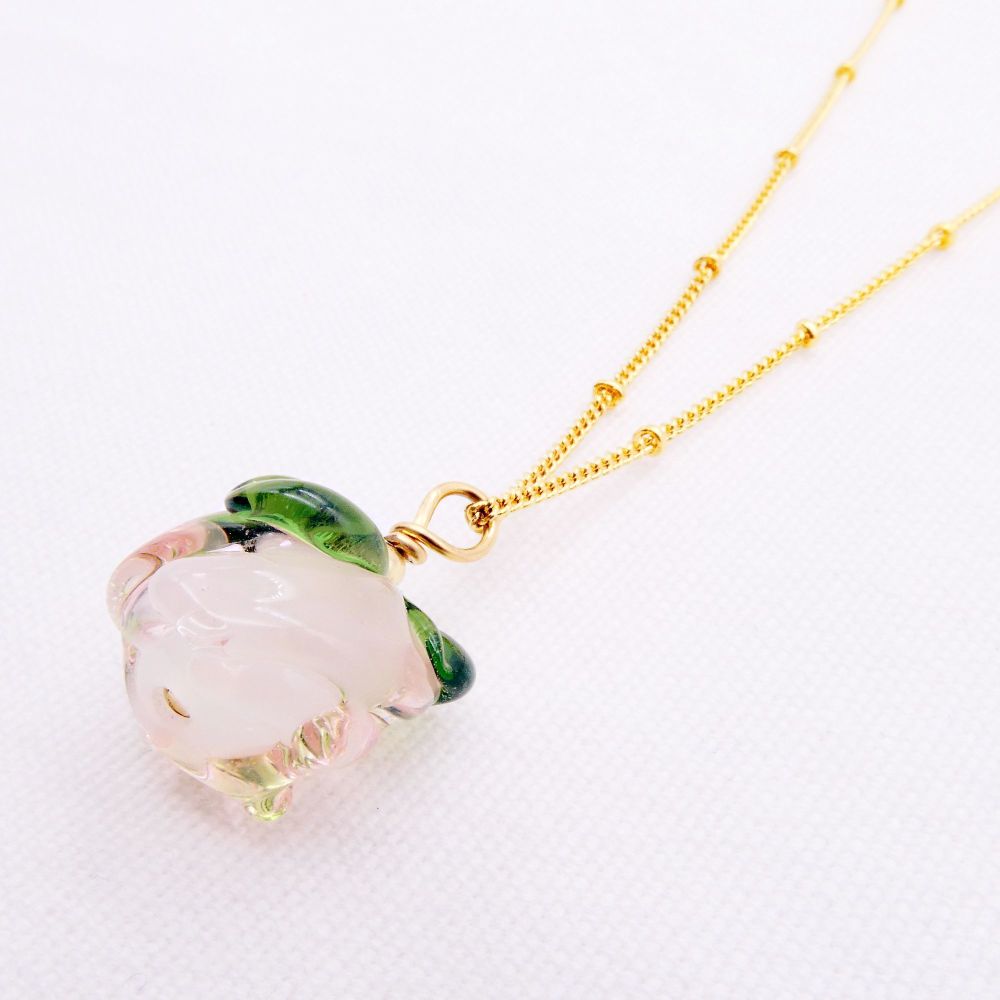 Handmade Blushing Glass Rose on a Gold filled Satellite Chain
