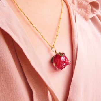 Handmade Red Glass Rose on a Gold filled Satellite Chain