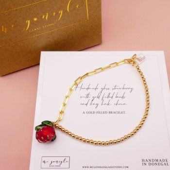 Handmade Red Glass Rose on a Gold filled Long link bracelet 