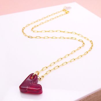 Handcarved Red Glass heart on a Gold filled long link chain